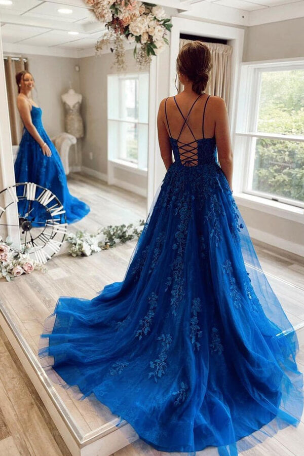 Royal Blue Tulle Prom Dresses With Lace ...